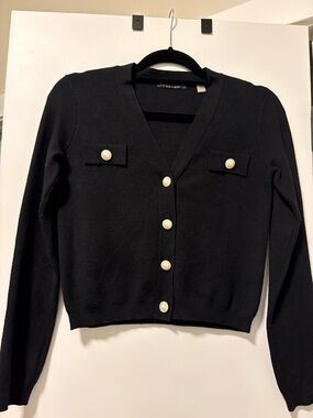 Tahari Black V-Neck Cardigan with Pearl Buttons